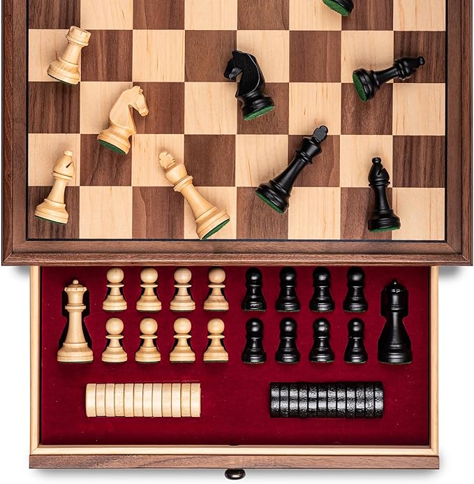 A&ampA 15 inch Walnut Wooden Chess Set with Storage Drawer Triple Weighted Pieces 3.0 inch King Height Walnut &amp Maple Inlay 2 Extra Queen Classic 2 in 1 Chess and Checkers Board Game