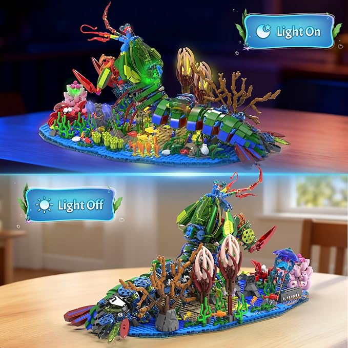 Mechanical Mantis Shrimp Building Block Sets 1843 Pcs Sea Creatures Building Toys with Miniature Undersea Landscape &amp Led Light 18.11x9.45x9.84in DIY Model Kit for Adults Teens 14+