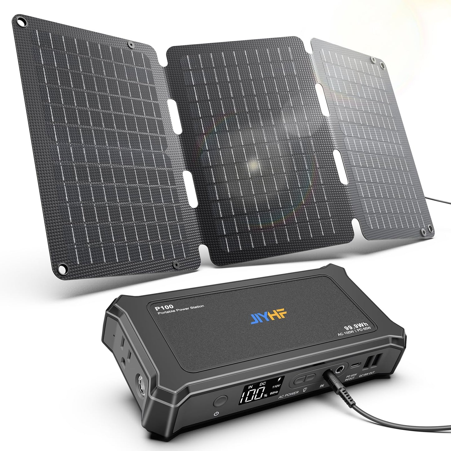 JIYHF Portable Power Station with 30W Foldable Solar Panel - 99.9Wh Backup Battery, 100W AC & 65W USB-C PD Fast Charging Ideal for Outdoor Work, Compatible with iPhone16 Series, iPad, MacBook, Laptop