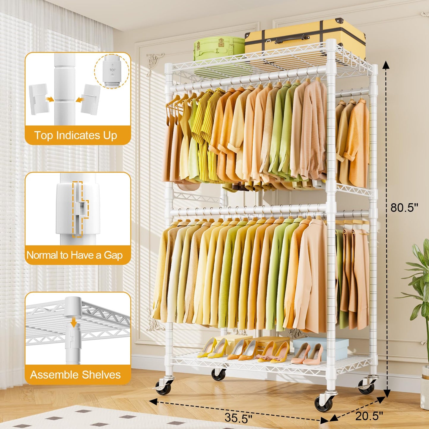 ULIFHOME P4 Rolling Clothes Rack Heavy Duty, Clothing Racks for Hanging Clothes, Freestanding Garment Racks with Wheels, Metal Portable Closet Rack 35.5''W × 20.5''D × 80.5''H, Max Load 560Lbs, White