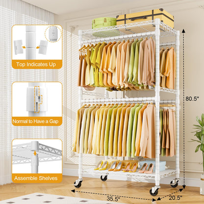 ULIFHOME P4 Rolling Clothes Rack Heavy Duty, Clothing Racks for Hanging Clothes, Freestanding Garment Racks with Wheels, Metal Portable Closet Rack 35.5''W × 20.5''D × 80.5''H, Max Load 560Lbs, White