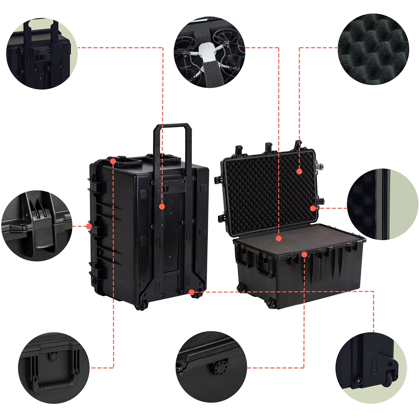 MEIJIA Portable All Weather Waterproof Camera Case,Customizable Fit Foam with Rolling Wheels and Retractable Pull Handle,33.25"X24.4"X19.3"
