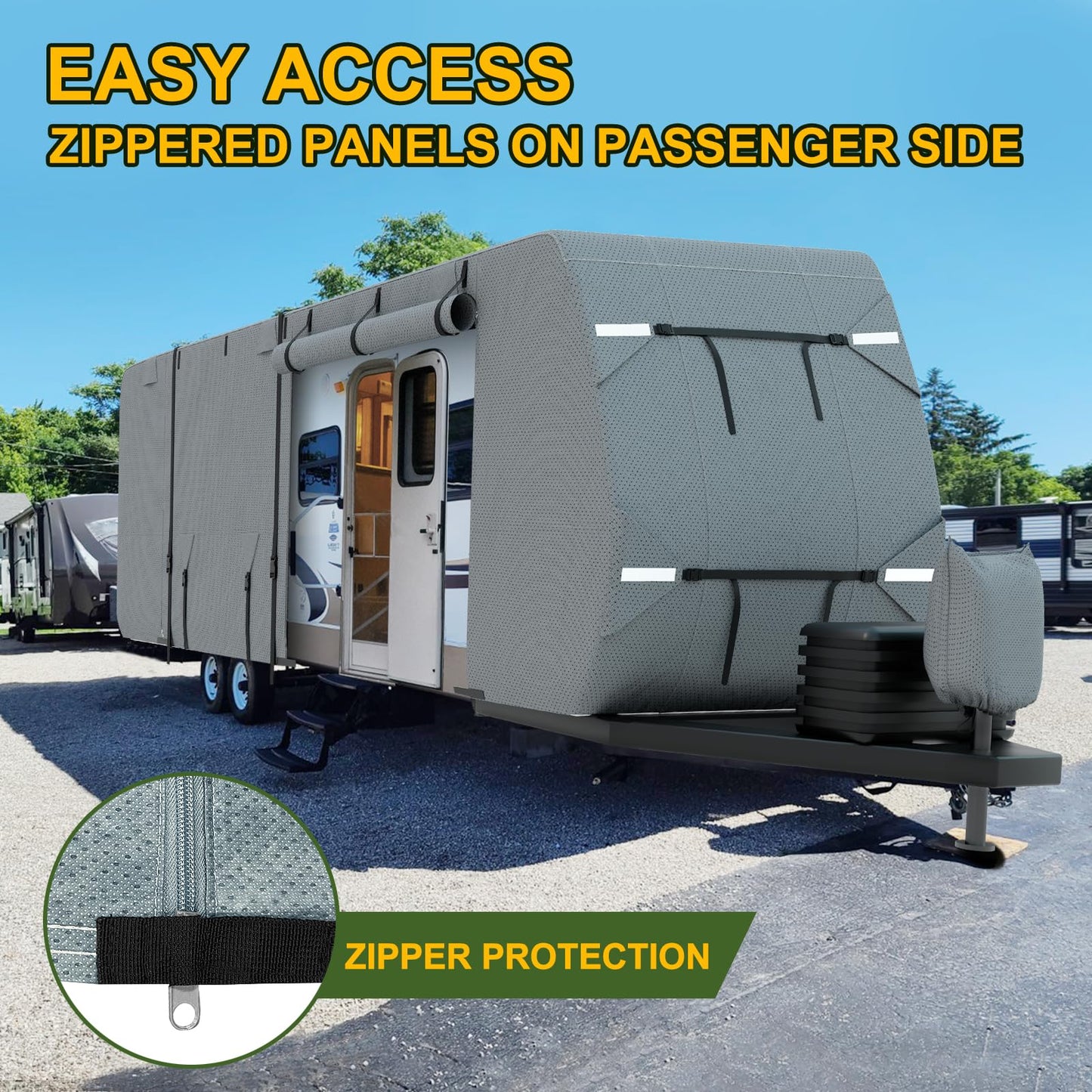 Mofeez Travel Trailer RV Cover, Extra-Thick Upgraded 7 Layers for Camper Cover 27'-30' Windproof Waterproof Rip-Stop RV Covers with Adhesive Repair Patches, 2Pcs Extra Straps & 4 Tire Covers