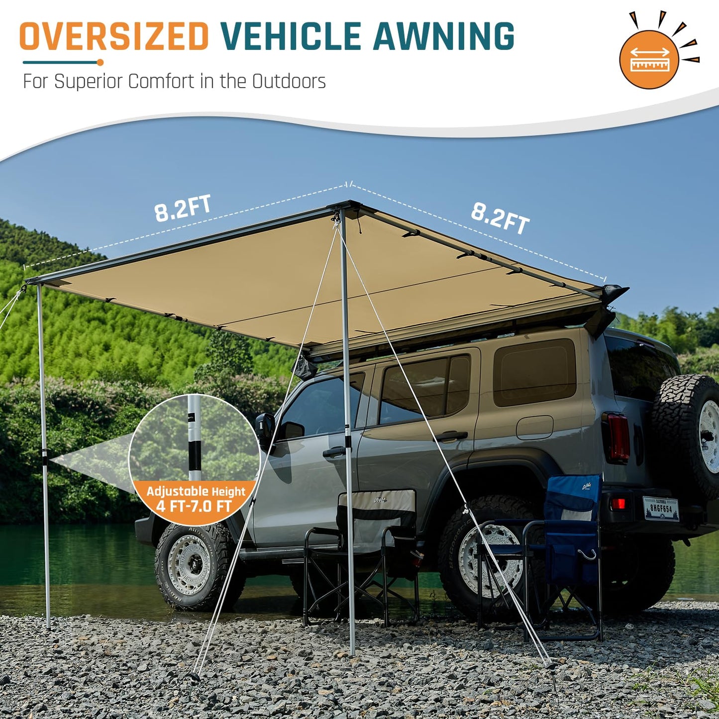 Vehicle Awning 8.2'×8.2' Roof Rack Pull-Out Sun Shade with UV Protection and Waterproof PU1000mm, Retractable Easy Up Camper Awning, Jeep/SUV/Truck/Van/RV Awning for Camping and Overland