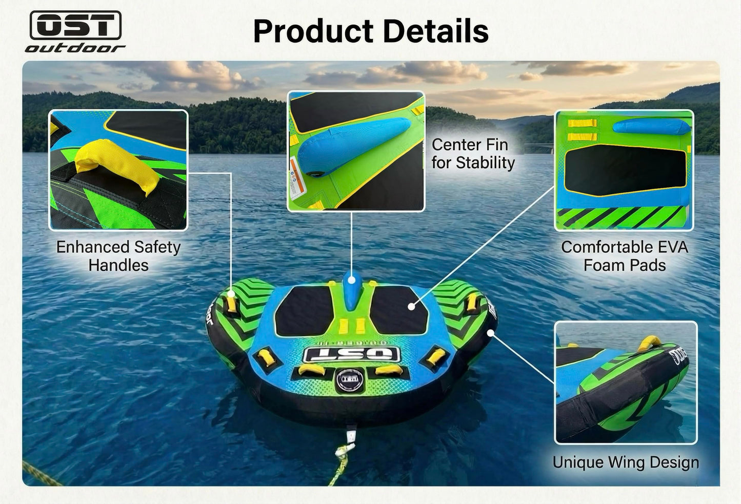 OST Outdoor 2 Person Towable Tube for Boating, Deck Style Boat Tube with Wing & Center Fin Design, Water Sports Inflatable Towables Tubes for Boats to Pull, Heavy Duty Boat Towable