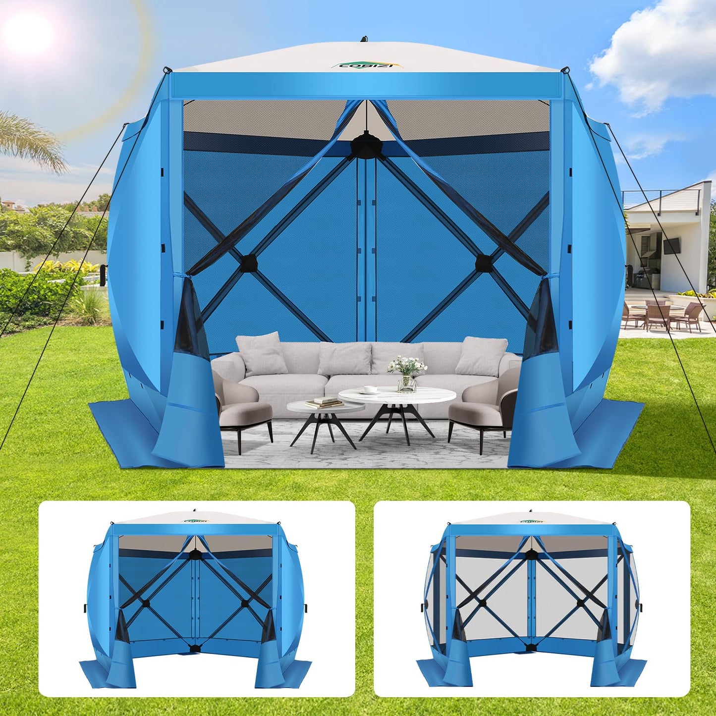 COBIZI 10x10 Pop Up Gazebo Screen Tent Screen House for Camping, Screen Room with Mosquito Netting, Hub Tent Instant Screened Canopy with Carrying Bag and Ground Stakes, Blue