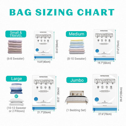 Skiennix Vacuum Seal Bags - 15 Pack Space Saver Storage Bags for Clothing & Travel | Hand Pump Included