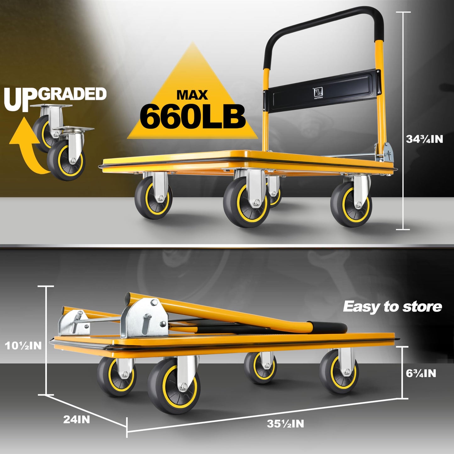 Push Cart Dolly by Wellmax, Moving Platform Hand Truck, Foldable for Easy Storage and 360 Degree Swivel Wheels with 660lb Weight Capacity, Yellow Color