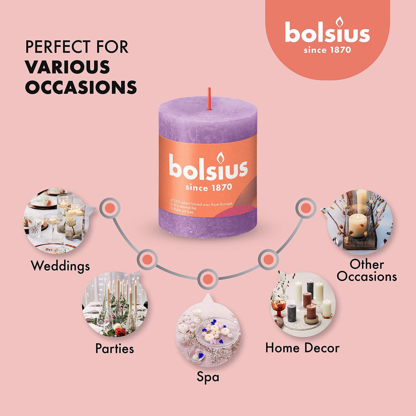 BOLSIUS 4 Pack Vibrant Violet (Purple) Rustic Pillar Candles - 2.75 X 3.25 inches - Premium European Quality - Includes Natural Plant-Based Wax - Unscented Dripless Smokeless 35 Hour Party Candles