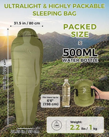 ATEPA 700FP Down Sleeping Bag for Adults, Ultralight 0 Degree Mummy Sleeping Bag with RDS Down & Recycled 15D Nylon Shell for Backpacking Camping Hiking, ISO Limit 35°F, Green