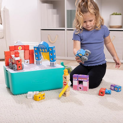 Melissa &amp Doug Blockables™ Deluxe City Snap and Play Mix and Match Connectable Wooden Building Blocks Set with Storage Bin and Play Lid (122 Pcs) Ages 2 to 7- FSC Certified