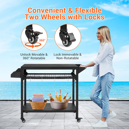 GAOMON 3-Shelf Outdoor Grill Table with Mesh Shelf, Rolling Grill Cart with Wheels, Pizza Oven & Food Prep Table, Blackstone Griddle Stand with Propane Tank Hook for Outside BBQ