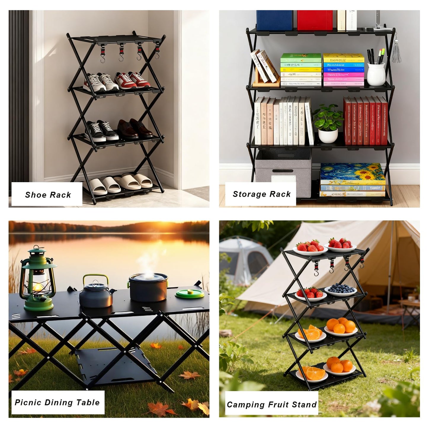 CGLRybO Folding Camping Table Portable Multi-Functional 4-Tier Picnic Rack Carbon Steel 37" with Storage Bag and 4 Hooks Indoor Outdoor, Heavy Duty, Portable, for Picnic, Party, Camping