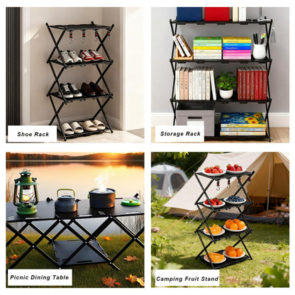 CGLRybO Folding Camping Table Portable Multi-Functional 4-Tier Picnic Rack Carbon Steel 37" with Storage Bag and 4 Hooks Indoor Outdoor, Heavy Duty, Portable, for Picnic, Party, Camping