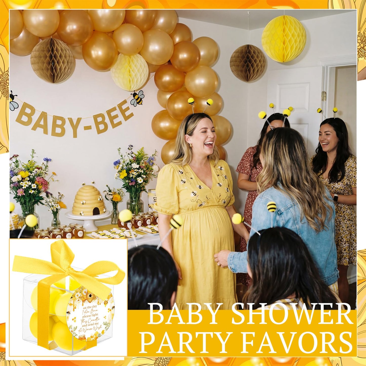MTLEE 24 Sets Bee Baby Shower Favors Party Candle Small Bubble Candle Baby Shower Favors for Guests Tea Candles Bulk with Stylish Ribbons Cards Gifts (Yellow, Bee)