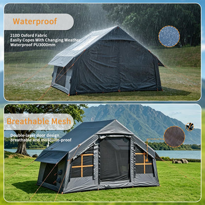 Inflatable Camping Tent with Skylight,Large Tall Blow Up Tent for 2/4/6/8 Person,4 Season Waterproof Hot Tent with Stove Jack, Family Camping Air Tent with Hand Pump,Grey