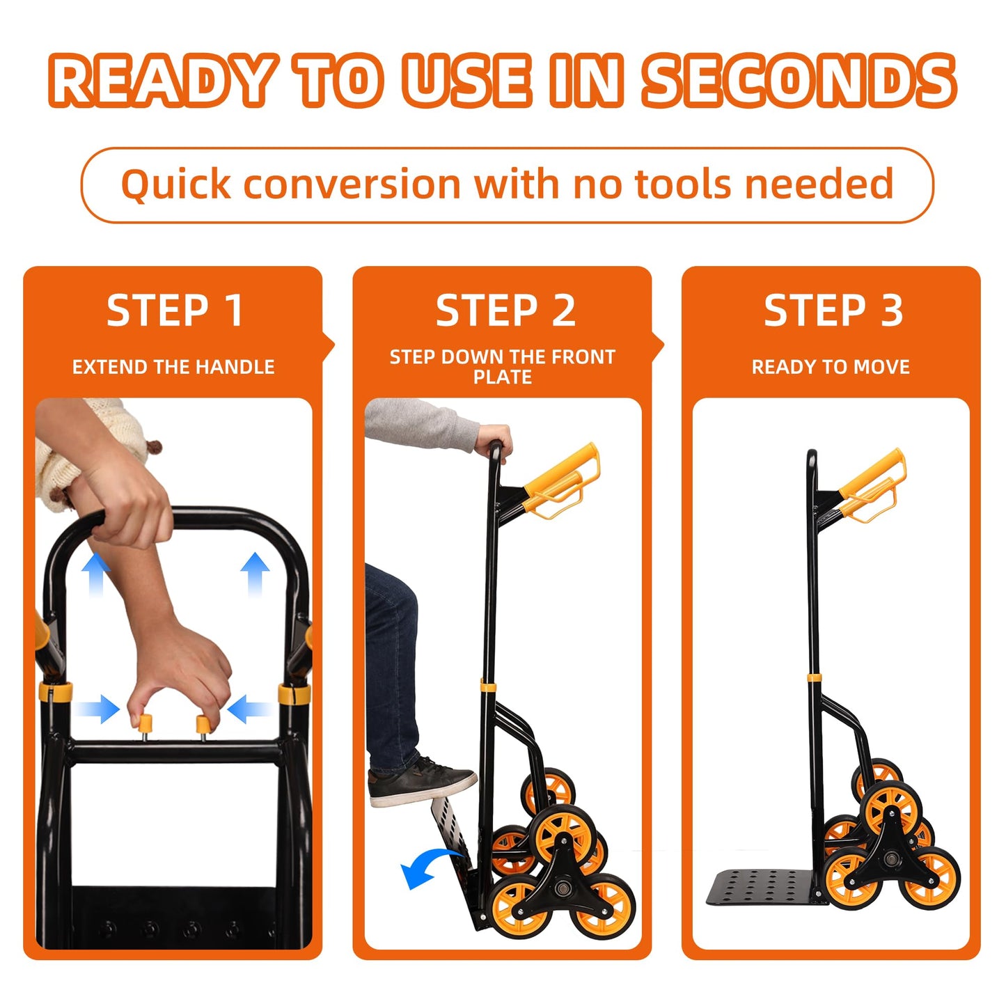 Heavy Duty Stair Climbing Dolly, 380lb Capacity Folding Hand Truck with 5.9” Tri-Wheel, Portable Stair Climber Cart for Moving Furniture Groceries Boxes Laundry, Back-Saving Tool for Apartment Home