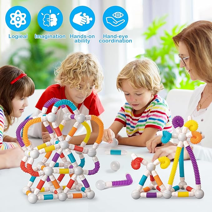 Magnetic Building Blocks Construction Set 66 Pieces Educational STEM Toy with Flexible Tubes and Connectors (66PCS)
