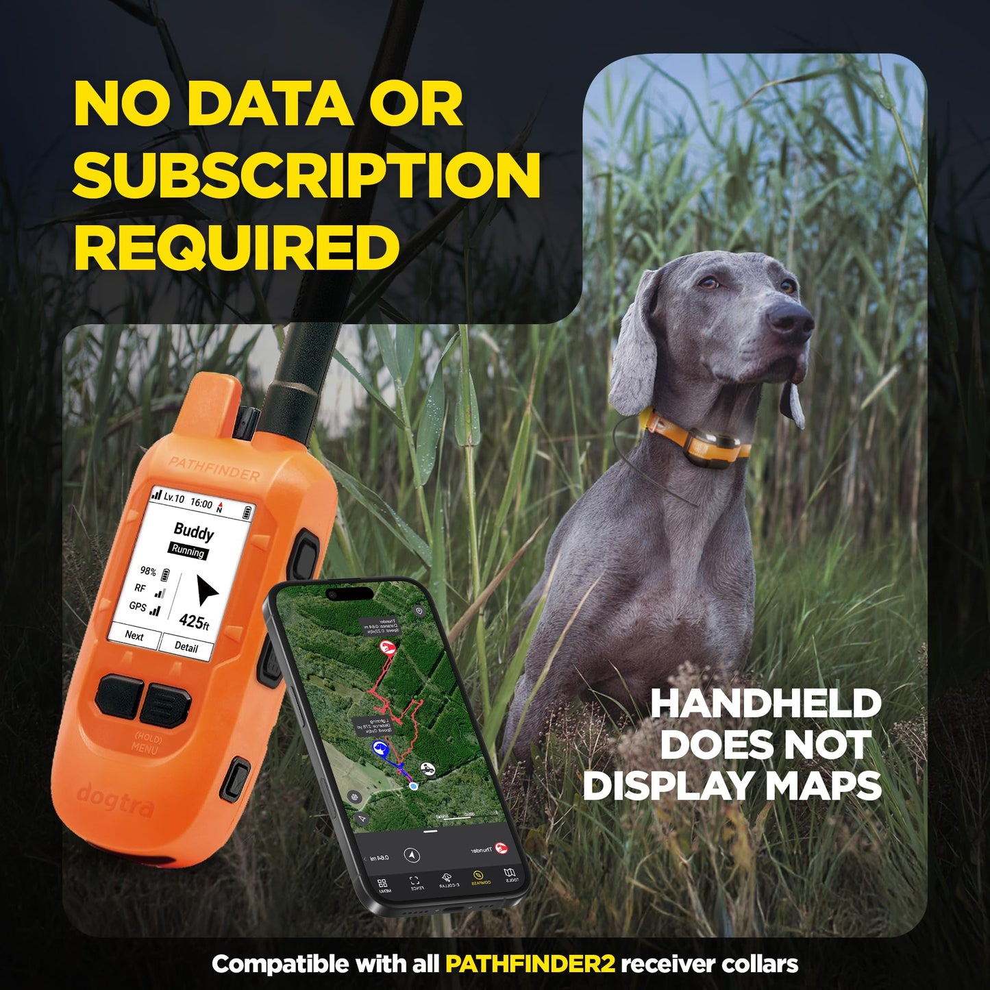 Dogtra PATHFINDER2 Compass Handheld Only - Live GPS Dog Tracking & Training E-Collar Remote (Requires Receiver), Built-in 2" LCD, No Subscription Required, 4 or 9-Mile Range, Expandable to 21 Dogs