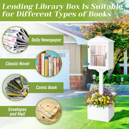 Wonderjune Little Library Box Outdoor with Floor Plugs & Flower Fence, Durable Weatherproof Solid Wood Book Exchange Box for Community, Literature, School Sharing Book(White,Steepletop)