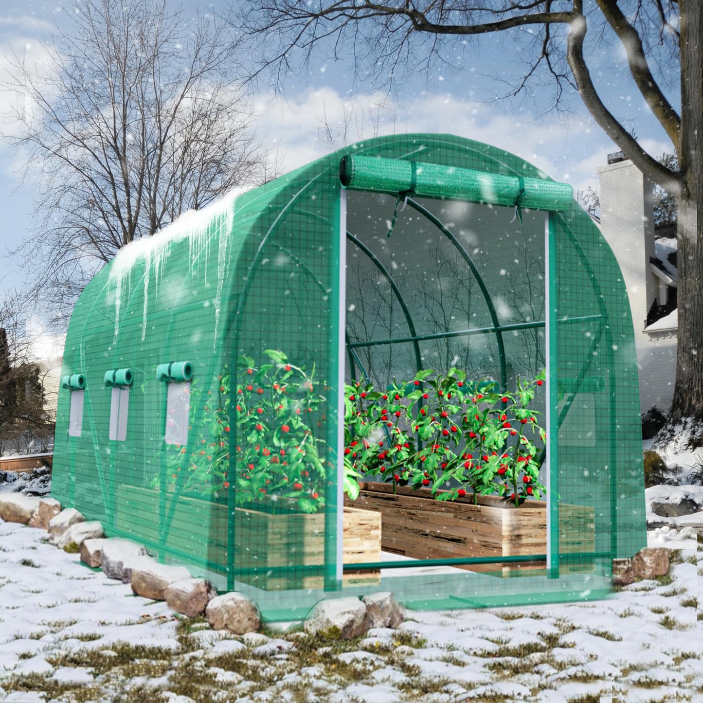 Grezone Walk-in Greenhouse Upgraded Green House with Dual Zippered Screen Doors & 6 Screen Windows Heavy Duty Plastic Plant Warm House with Reinforced Frame (10x7x7 FT)