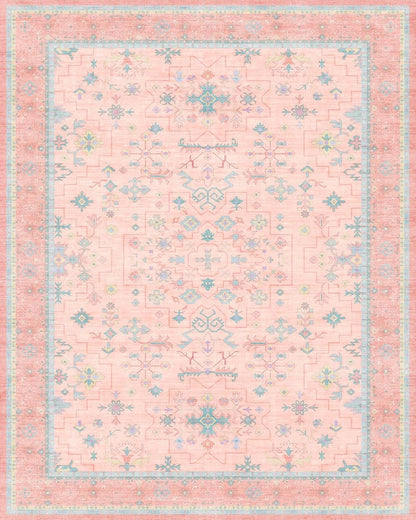 Oushak Rugs | Washable 9x12 Pink and Blue Area Rug - Modern Floral Design, Soft Faux Wool, Non-Slip