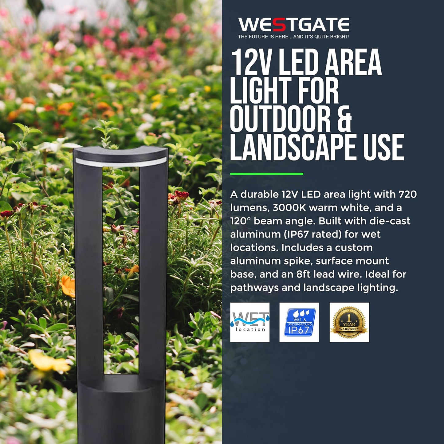 Westgate 12V LED Opera Path Light, Outdoor Landscape Lighting for Garden, Walkway, & Driveway, Waterproof Die-Cast Aluminum, 10W Outdoor Pathway Light, Corded Electric, 22.83" Lx3.15 Wx6.3 H, Black