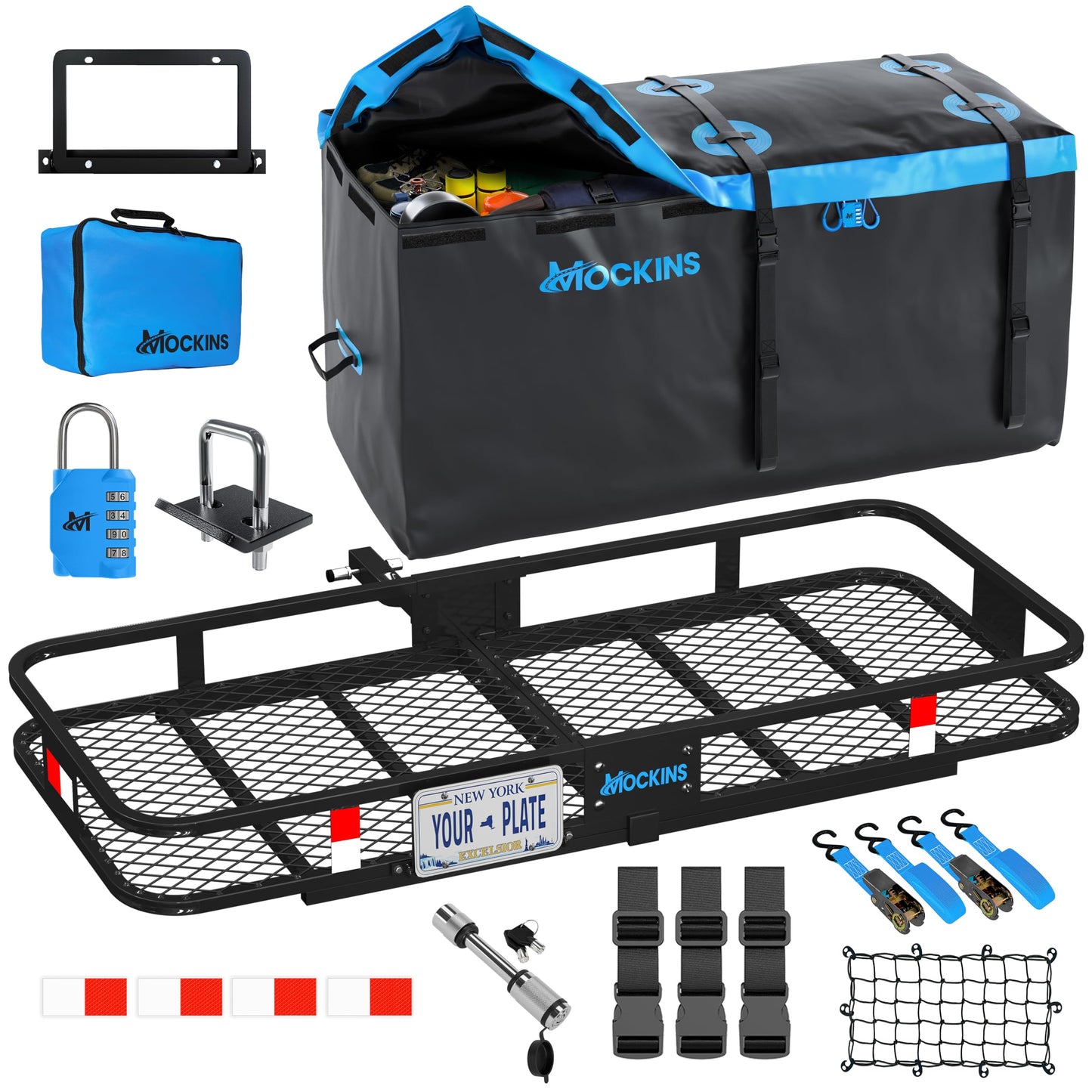Mockins 60"x24"x6" Folding Trailer Hitch Cargo Carrier w/ 25 Cu Ft Waterproof Cargo Bag for Hitch Carrier | Heavy Duty 500 lbs Steel Luggage Rack for SUV, Car & Truck w/Plate Bracket & Accessories