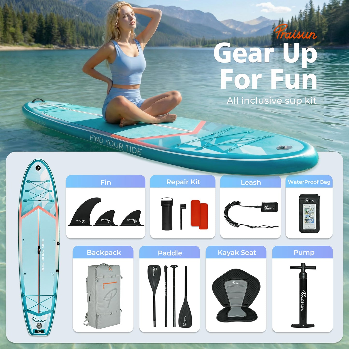 PRAISUN 12’ x 35” Inflatable Paddle Board, 450lbs Extra Wide Stand Up Paddleboard for Youth/Adults of All Skill Levels, Stable SUP with Seat & Full Kit, for Fishing, Yoga, Lake & Ocean, Mint Green