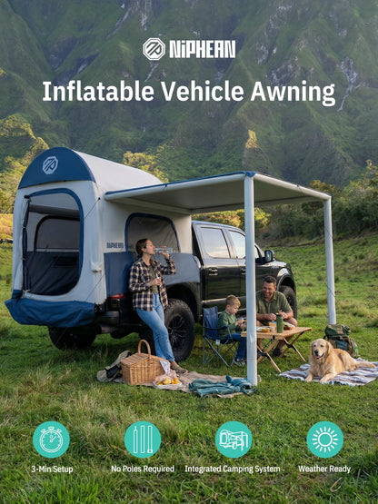 Niphean Inflatable Truck Bed Tent with Zipper-Connect Rv Awning, 3-Min Setup Camping System for 5.5–8ft Truck Tent, Waterproof PU3000mm + UV50+ Side Shade, 2+1 Person Overland Shelter