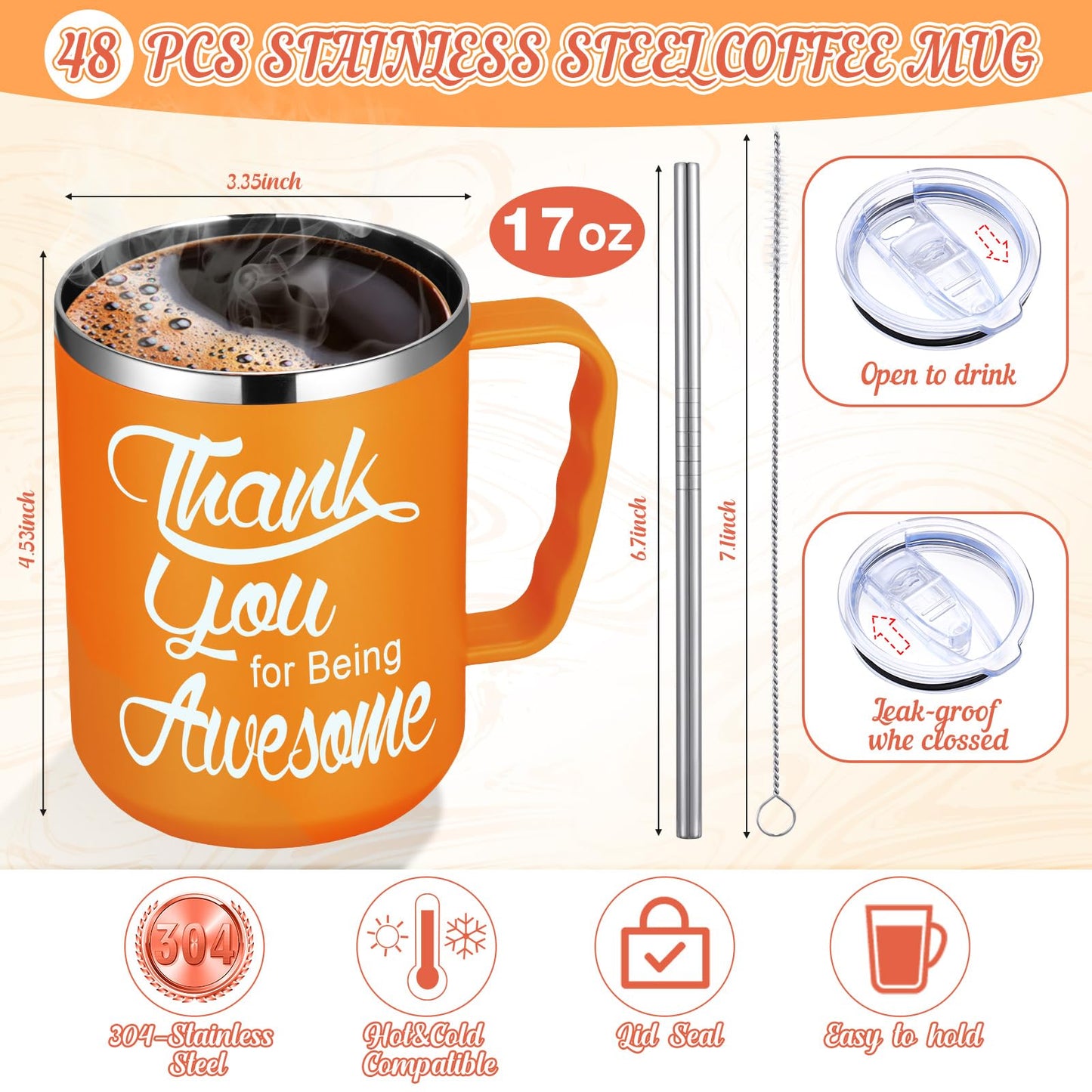 Umigy 48 Pcs Employee Appreciation Coffee Mug Gift Bulk Thank You 17oz Drinking Cup Stainless Steel Insulated Travel Tumbler Graduation Inspirational Gift for Coworker Staff Nurse Teacher Team