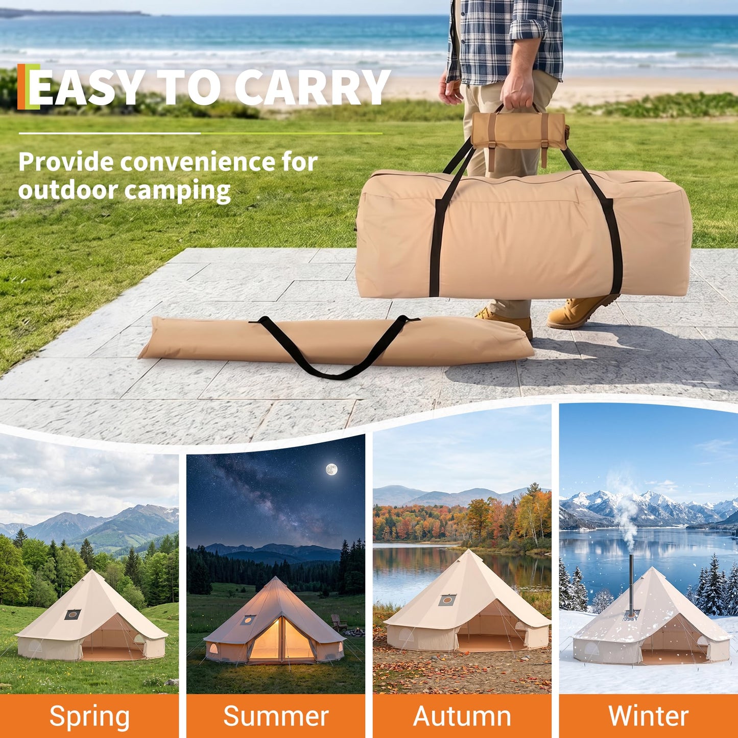 Canvas Bell Tent, Glamping Tent with Stove Jack, PVC Base, Mesh Window, 4 Season Use, Yurt Hot Tents for Camping, Family, Party,