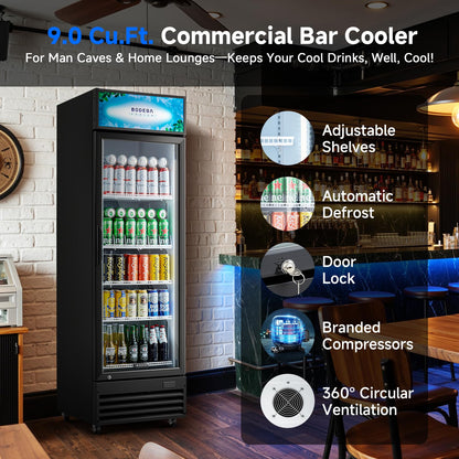 BODEGA BODEGACOOLER 9.0 Cu.Ft Commercial Beverage Refrigerator with Glass Door, Upright Display Merchandiser Fast Cooling Drink Cooler, Digital Thermostat, LED Light – Beat Summer Heat for Game Day.