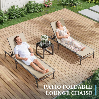 UDPATIO 3pcs Patio Lounge Chair Sets with Side Table Foldable Outdoor Chaise Lounge No Assembly