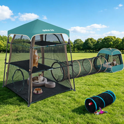 Extra Large catio Outdoor cat Enclosure,3-in-1 Cat Tower Tent with Tunnel/Pop Up Cube, Portable Catio,Cat Tent,Foldable Cat Enclosure for Indoor/Outdoor/Camping Weatherproof & Sunproof(Patented)