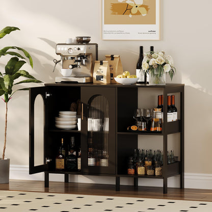 GarveeHome Glass Door Sideboard Cabinet, Modern Storage Buffet with Metal Handles and Adjustable Shelves, Solid Wood Frame Display Cabinet for Living Room, Dining Room, Kitchen, Entryway, Black