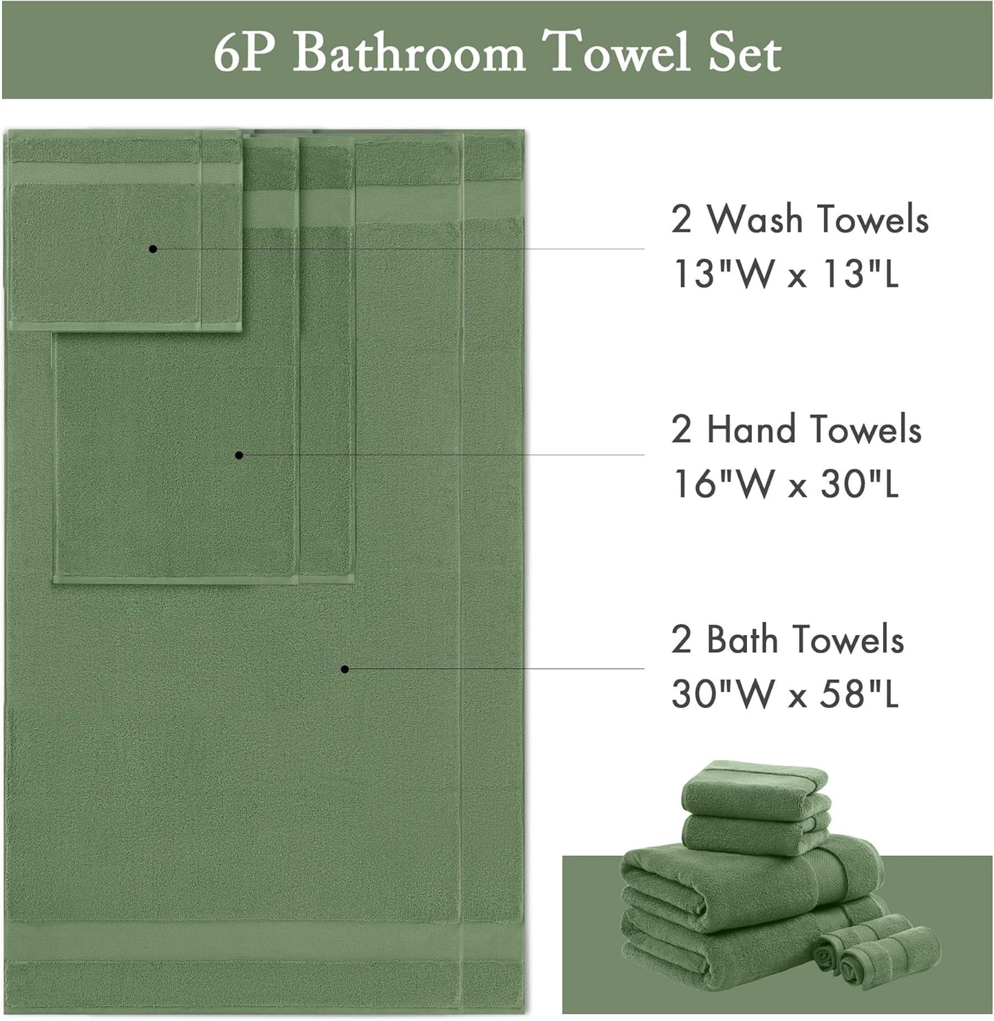 Madison Park Turkish Bath Towels Set - 6-Piece Luxury 100% Cotton, Highly Absorbent & Quick Dry - Green