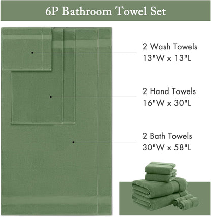 Madison Park Turkish Bath Towels Set - 6-Piece Luxury 100% Cotton, Highly Absorbent & Quick Dry - Green