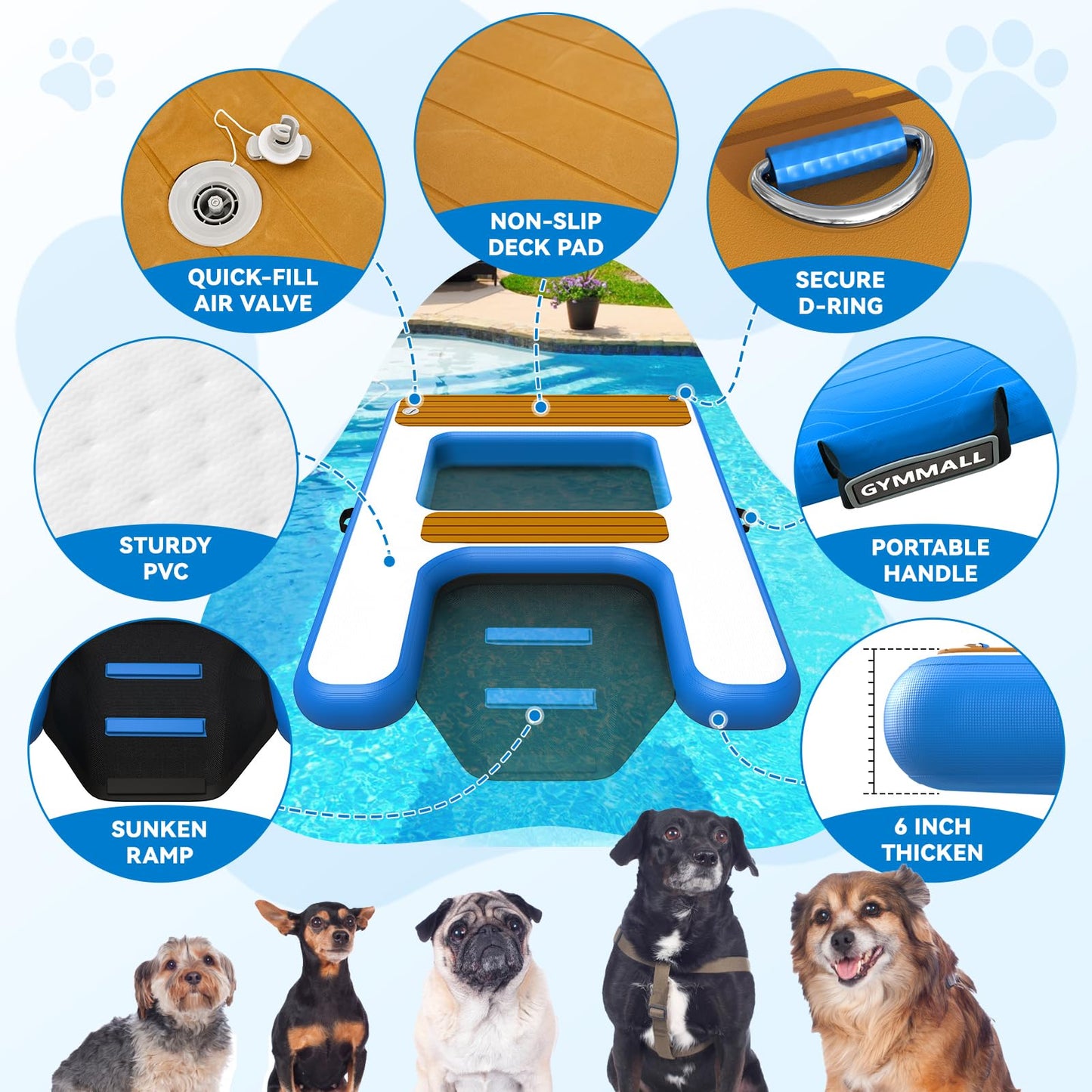 GYMMALL Large Dog Dock Ramp with Water Hammock 5.6 * 4ft, Inflatable Dog Water Ramp Platform 6 inch Thickened for Boat Pool Lake Sea, PVC Floating Boat Ramp for Dogs up to 330lbs, Dog Boat Ramp Blue