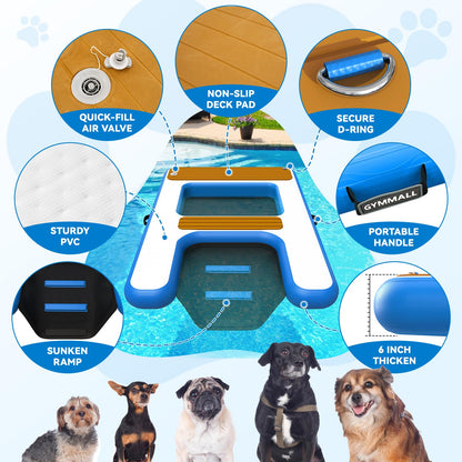 GYMMALL Large Dog Dock Ramp with Water Hammock 5.6 * 4ft, Inflatable Dog Water Ramp Platform 6 inch Thickened for Boat Pool Lake Sea, PVC Floating Boat Ramp for Dogs up to 330lbs, Dog Boat Ramp Blue