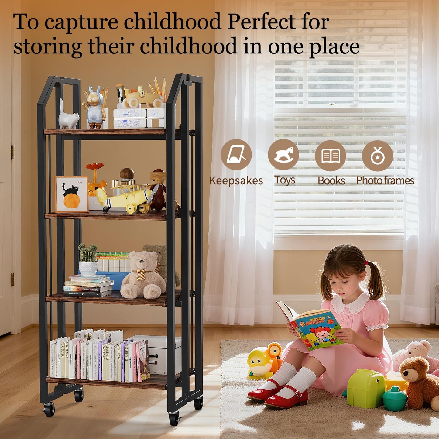 VYRIVA No Assembly Double-Sided Folding Bookshelf for Living Room, 4 Tier Collapsible Book Shelf for Home Office, Portable Bookcase Storage Organizer