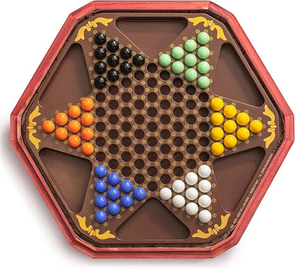 Yellow Mountain Imports Classic Chinese Checkers Halma Board Game Set with Storage 12.6-inch Wooden Board and Solid Color 16-Millimeter Glass Marbles