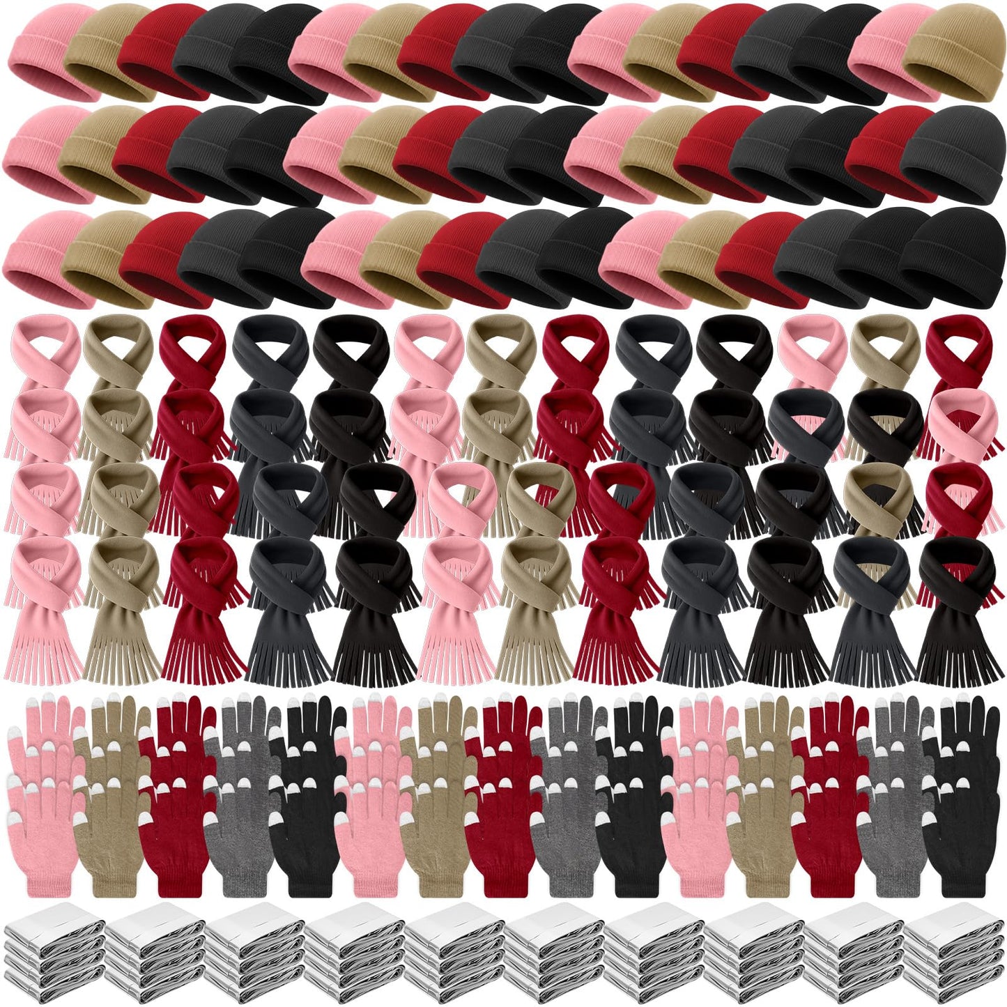 Suhine 200 Pcs 200/320 Pcs Winter Beanies Hat Glove Scarf Emergency Blanket Bulk Warm Homeless Care Package Supplies for Women Men (Soft Colors)