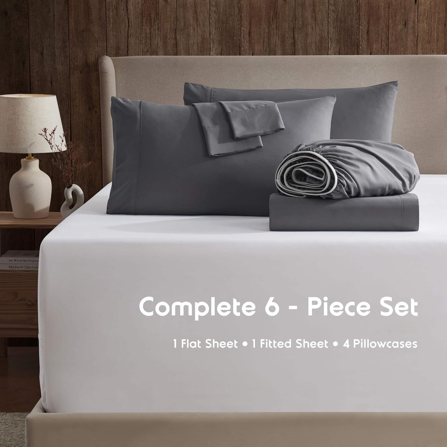 Nestl Extra Deep King Sheet Set - 6-Piece Breathable Cooling Bedding - Luxury Hotel Quality w/18-24 Inch Deep Pockets - Soft, Wrinkle-Free Dark Gray