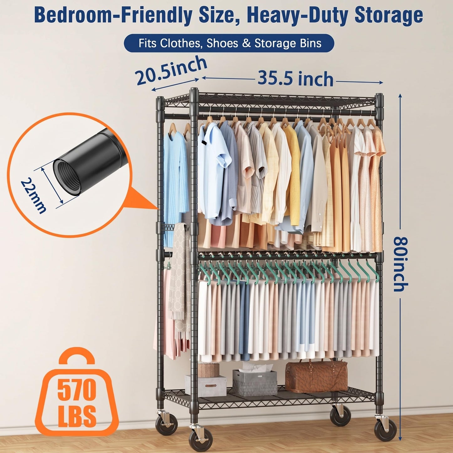Homdox Heavy Duty Rolling Clothes Rack, Adjustable Clothing Rack for Hanging Clothes, Portable Closet Rack with 4 Hanging Rods, 2 Storage Shelves, 35.5" W x 20.5" D x 80" H, Black