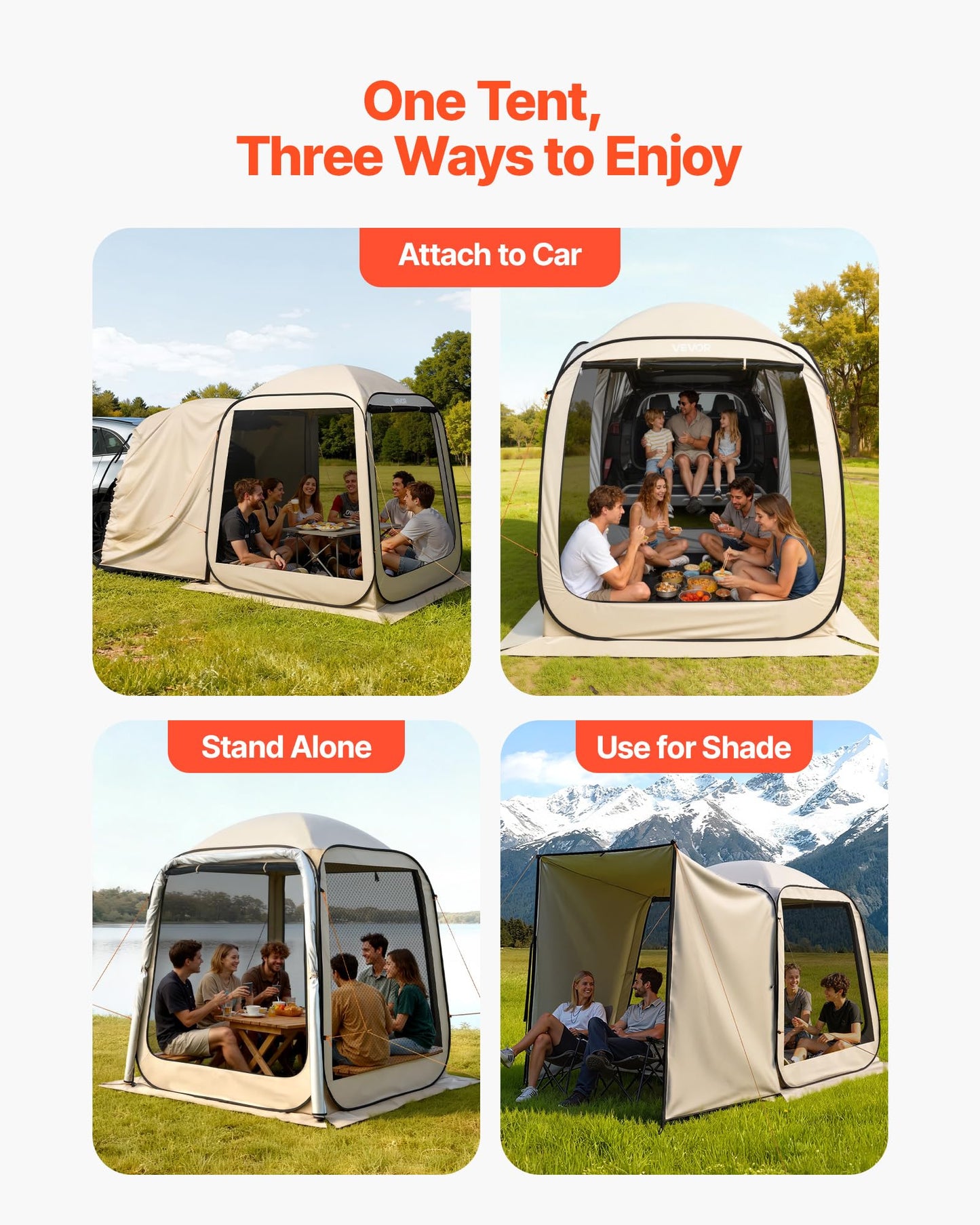 VEVOR SUV Tailgate Tent, 6 x 6 ft Pop-Up Screen House Canopy for 4–6 Person, Portable Screened Shelter with Carry Bag, for Car Camping, Backyard, Patio, Outdoor Activities