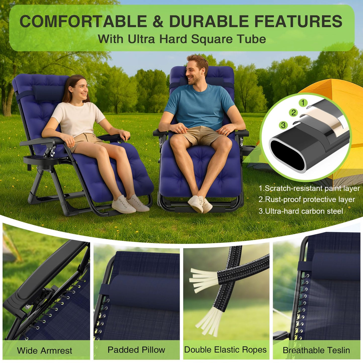 Suteck Zero Gravity Chair Set of 2, Reclining Camping Lounge Chair w/Removable Cushion, Upgraded Lock and Cup Holder, Reclining Patio Chairs Folding Recliner for Indoor and Outdoor