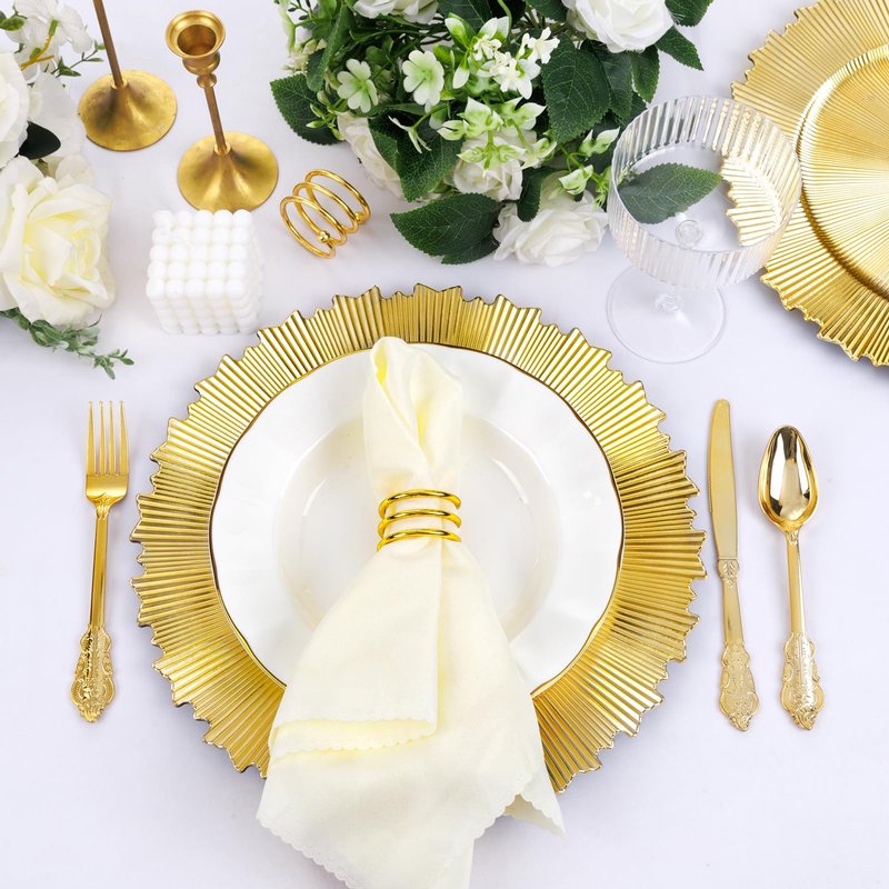 EI 20pcs Gold Charger Plates Bulk 13inch Plastic Chargers for Dinner Plate Disposable Golden Flash Reef Charger Plates Table Chargers for Family Party Wedding Birthday Afternoon Tea Decoration