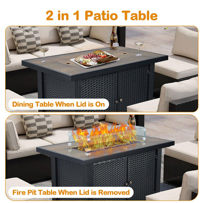 GarveeLife 44 in Propane Fire Pit Table,50000 BTU Fire Table with Ignition System,Outdoor Fire Table with Glass Rocks for Patio Garden Backyard,Rain Cover and Wind Guard Glass Included