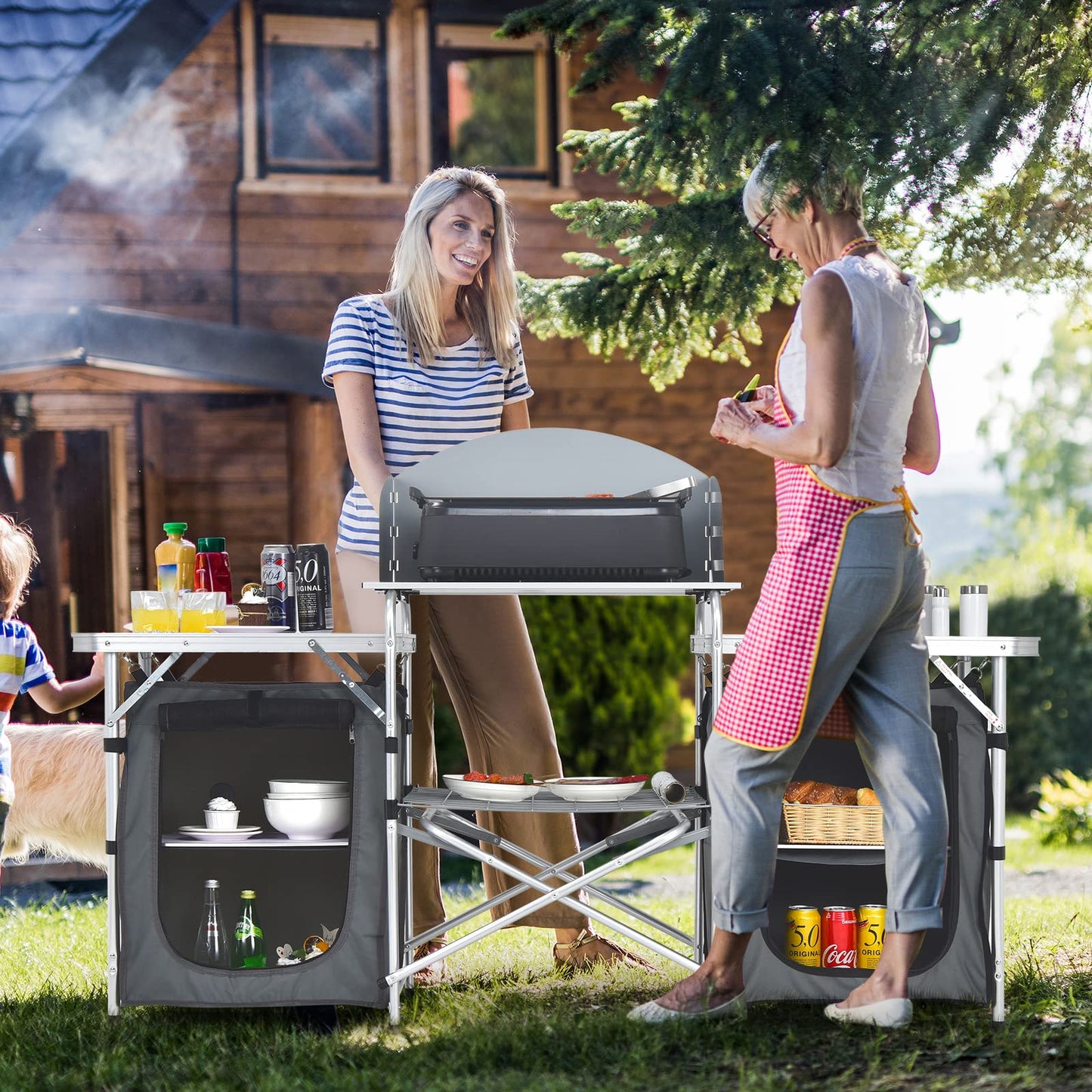 Giantex Camping Kitchen Station, Folding Grill Table with 26'' Tabletop, 2 Side Tables, Storage Organizer, Detachable Windscreen, Portable Camp Cook Outdoor Prep Station Backyard BBQ Picnic (Grey)